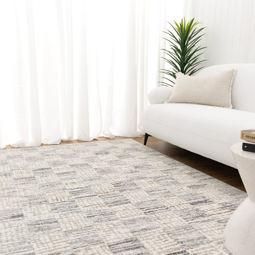 Jade Distressed Checkers Grey Beige Rug - JADE004 styled with furniture