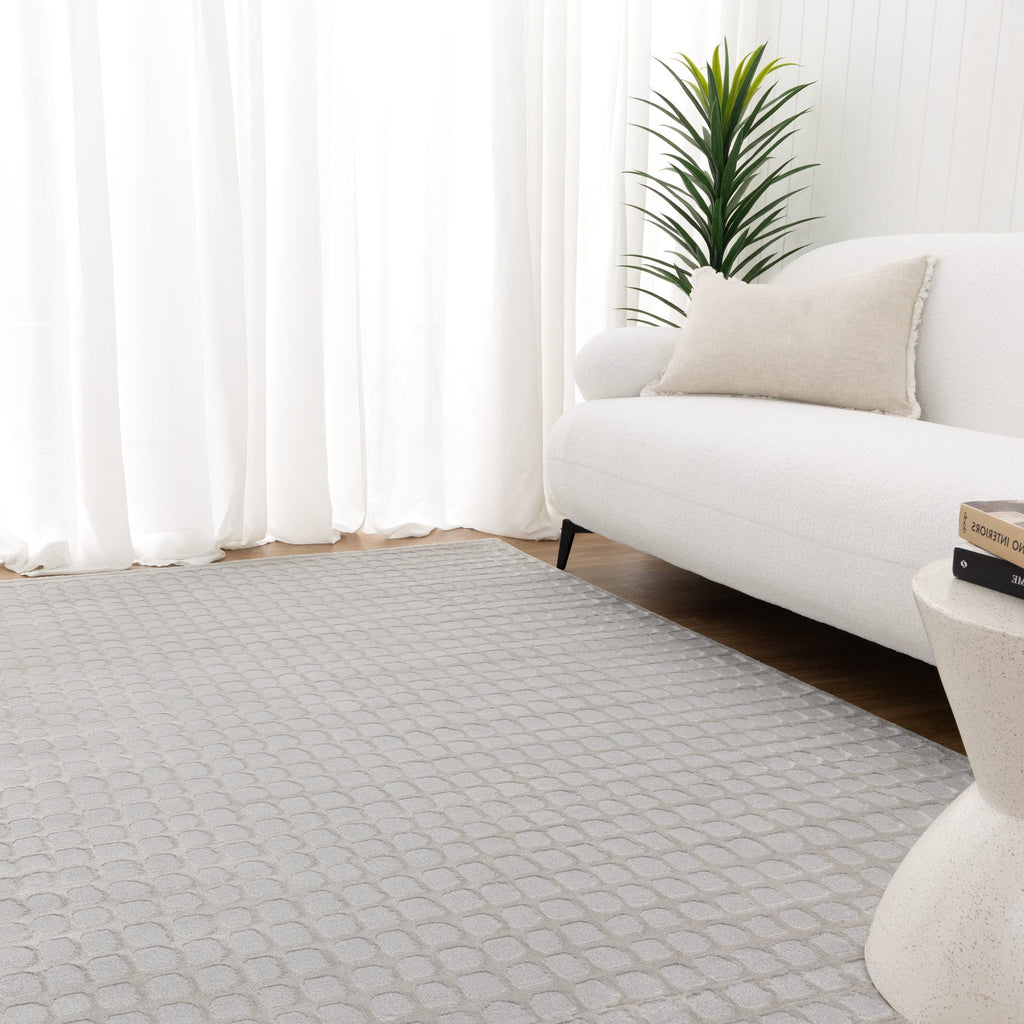 Jade Geometric Shapes Grey Rug - JADE006 styled with furniture