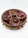 Jute Basket Set featuring 1 large 40cm round basket with 4 colorful 15cm inner baskets, adorned with vibrant patterns.
