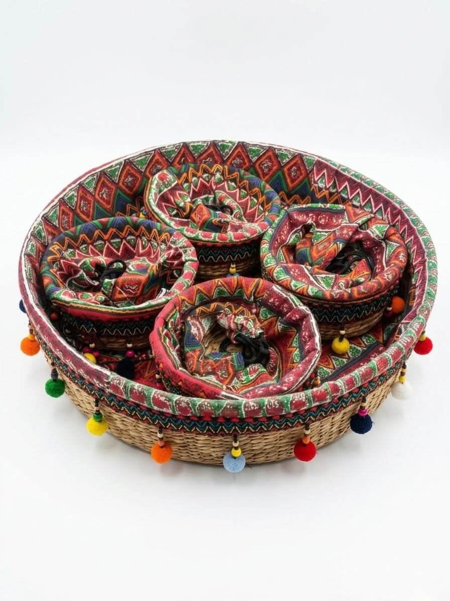 Jute Basket Set featuring 1 large 40cm round basket with 4 colorful 15cm inner baskets, adorned with vibrant patterns.