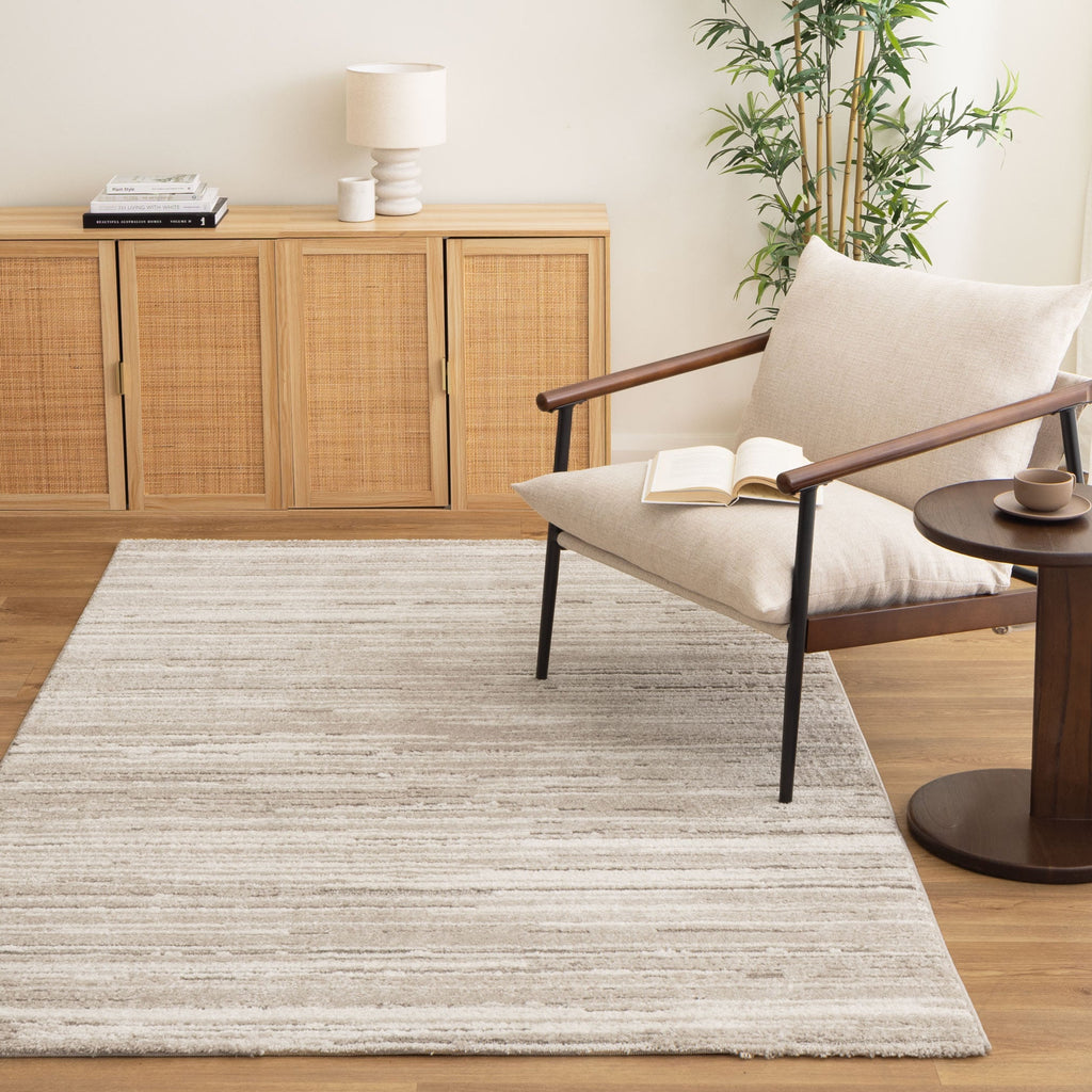 Korra K200 Cream Beige Lines Rug styled with furniture