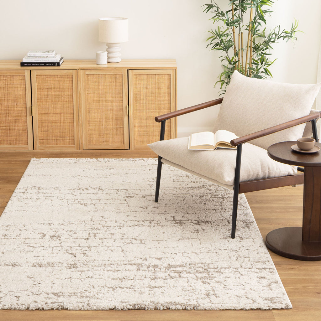 Korra K400 Ivory Beige Abstract Rug styled with furniture