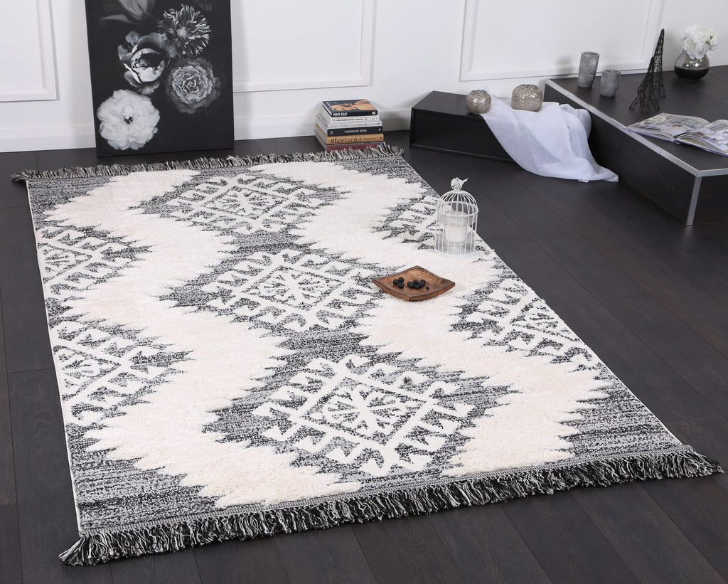 Kaza Tribal Cream Anthracite Rug - 8752A CREA styled with furniture
