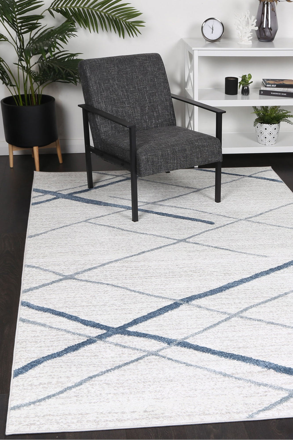 Kimberley Lattice Light Blue Contemporary Rug - 2LBLU styled with furniture