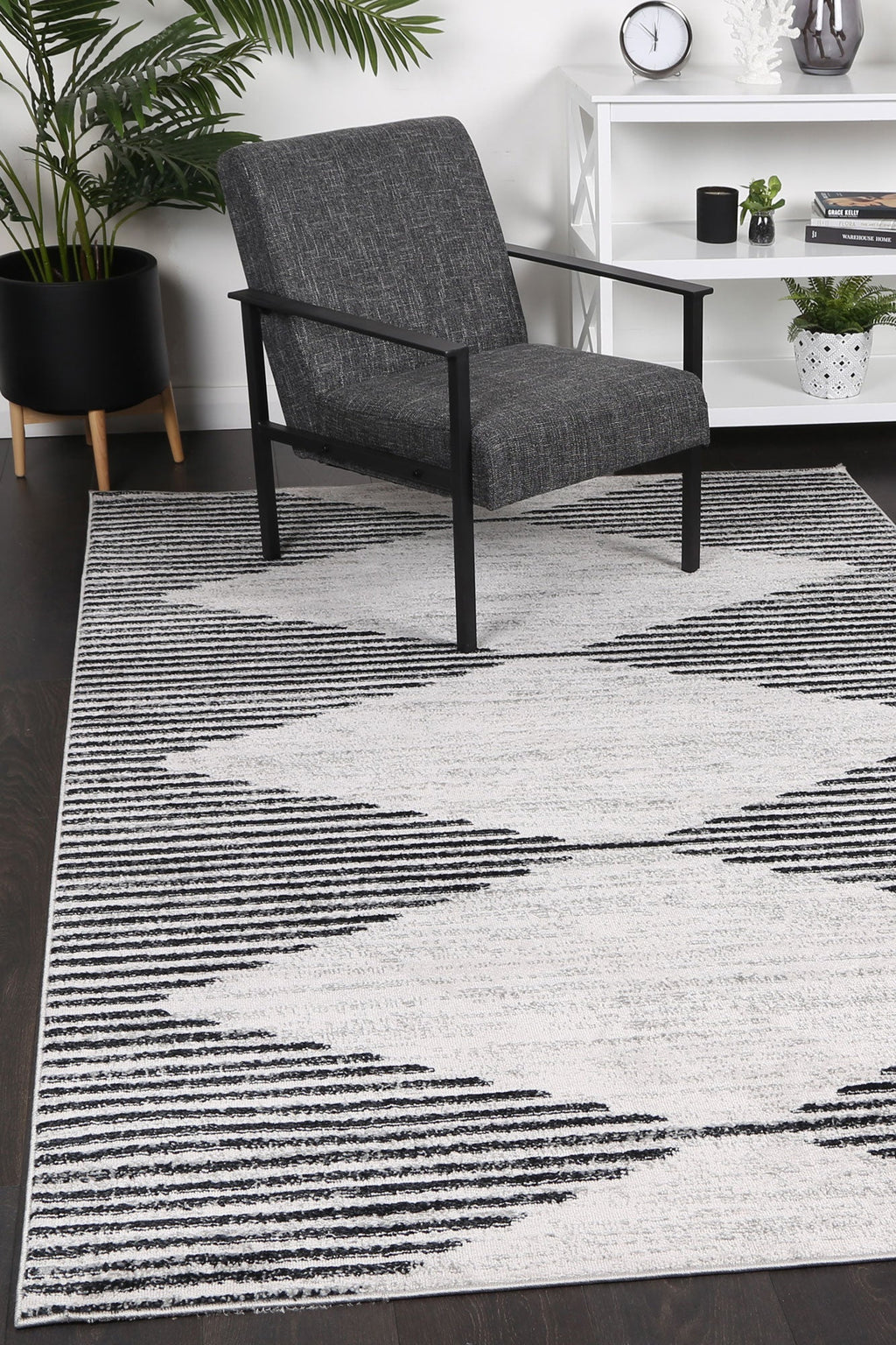 Kimberley Diamond Charcoal Contemporary Rug - 3CHAR styled with furniture