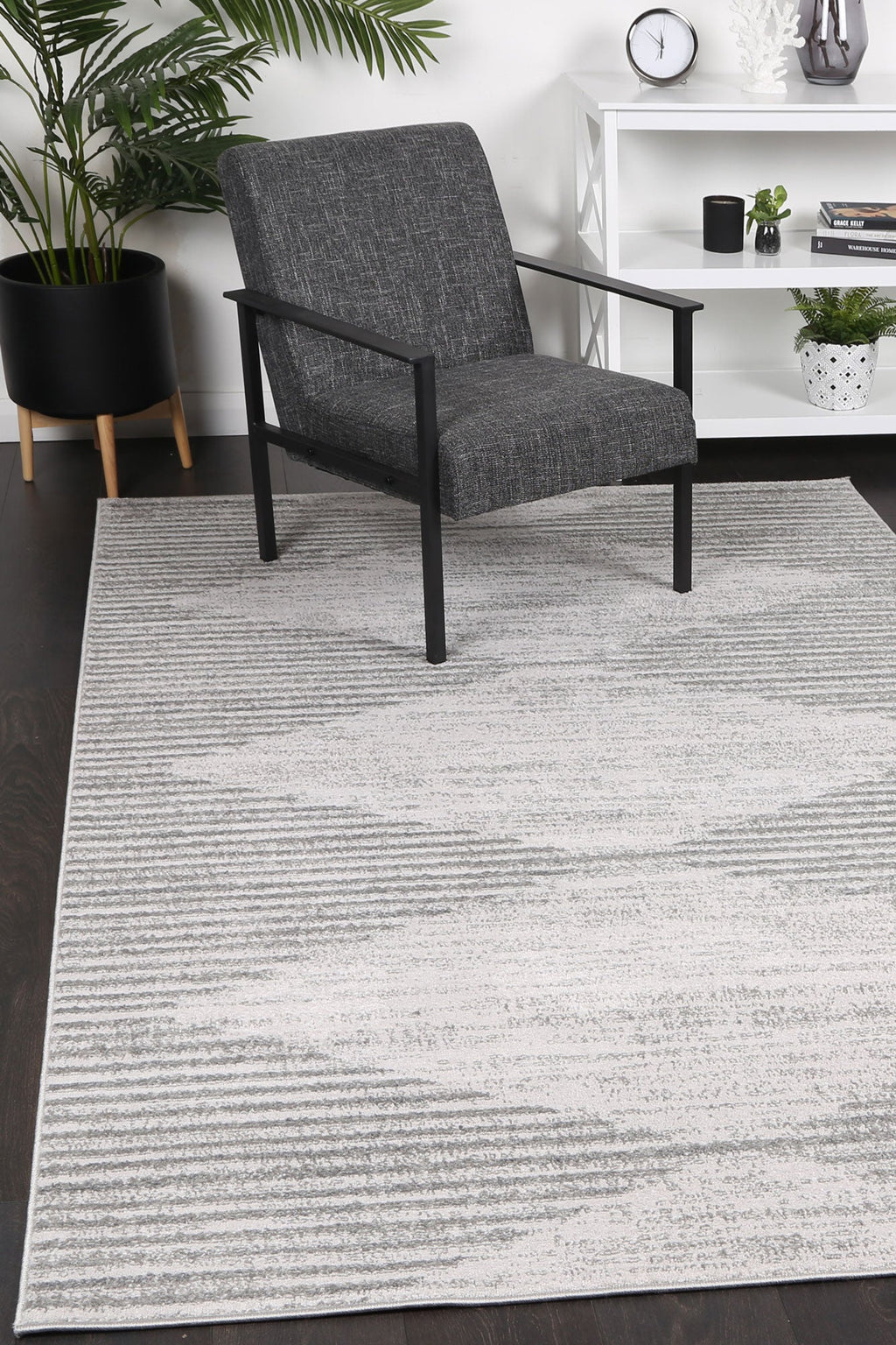 Kimberley Diamond Grey Contemporary Rug - 3GREY styled with furniture