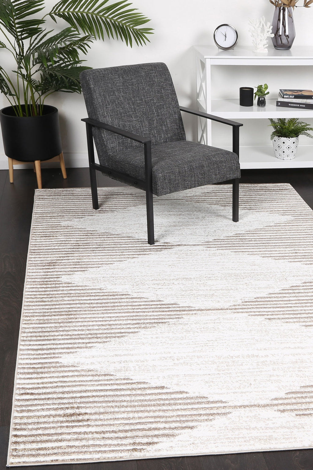 Kimberley Diamond Latte Contemporary Rug - 3LATT styled with furniture