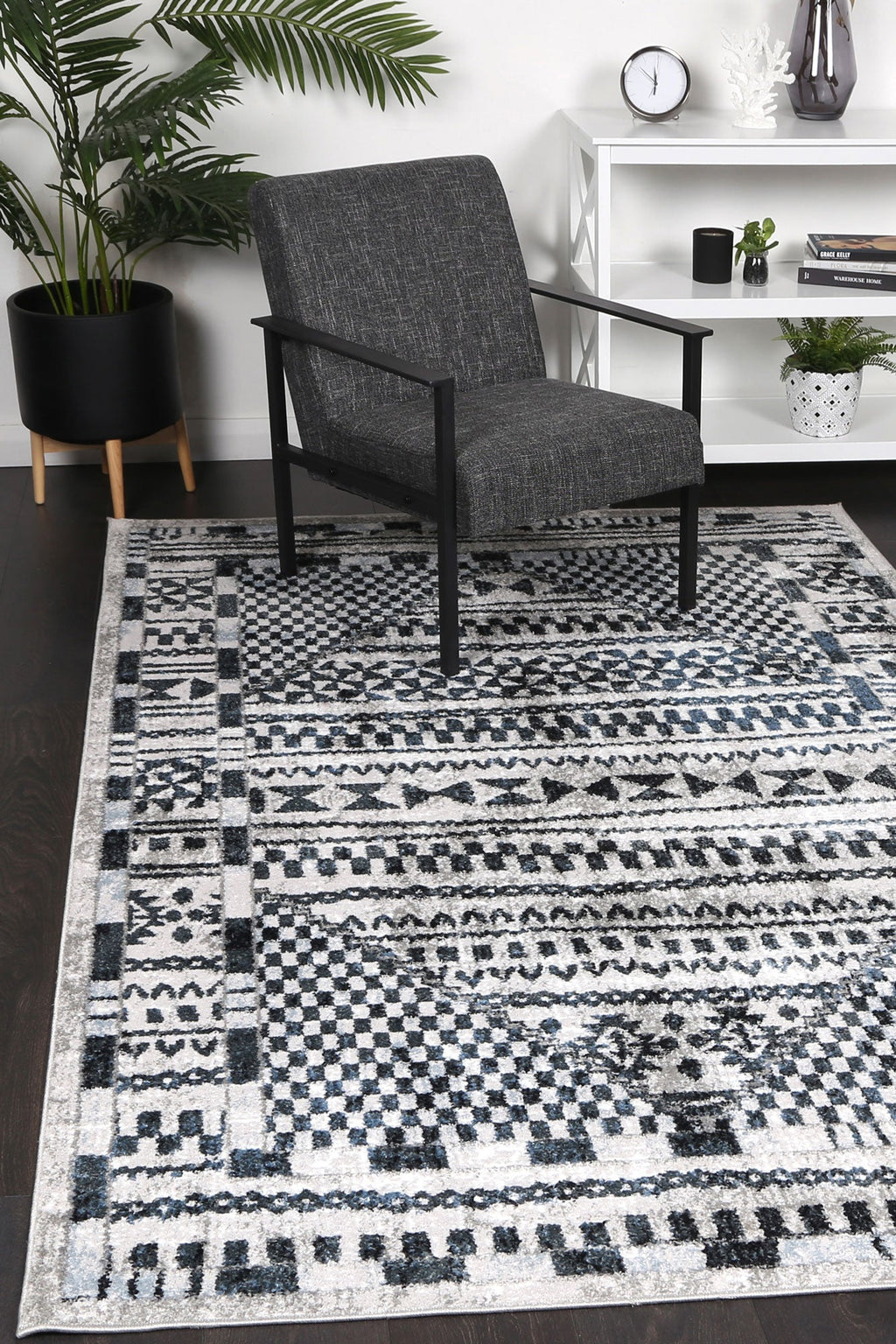 Kimberley Aztec Blue Contemporary Rug - 7BLUE styled with furniture