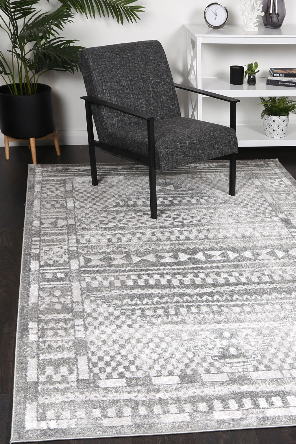 Kimberley Aztec Grey Contemporary Rug - 7GREY styled with furniture