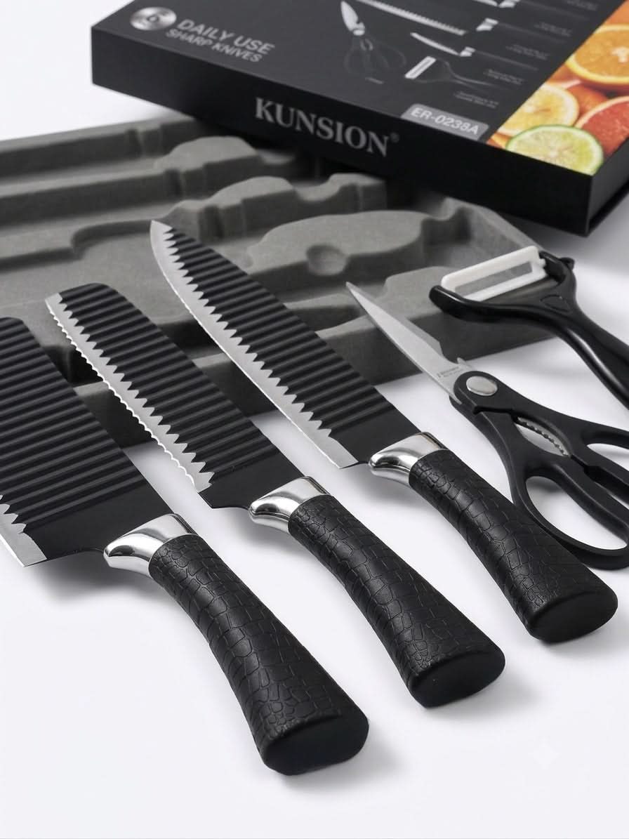 KUNSION 6-Piece Non-Stick Kitchen Knife Set including serrated and utility knives.