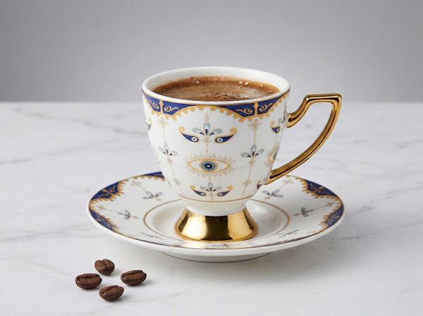 Karaca Bilge Turkish Coffee Cup with evil eye design and gold-tone accents on saucer.