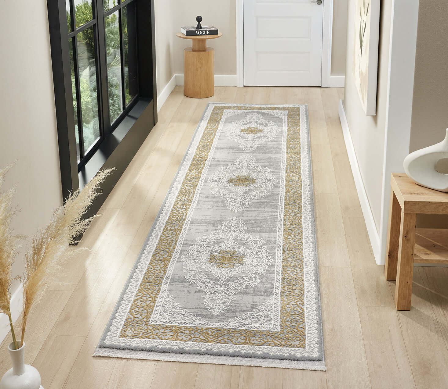 Kervan Rug: A7114 Grey & Gold Hallway Runner – Bazaar G Rugs N Gifts