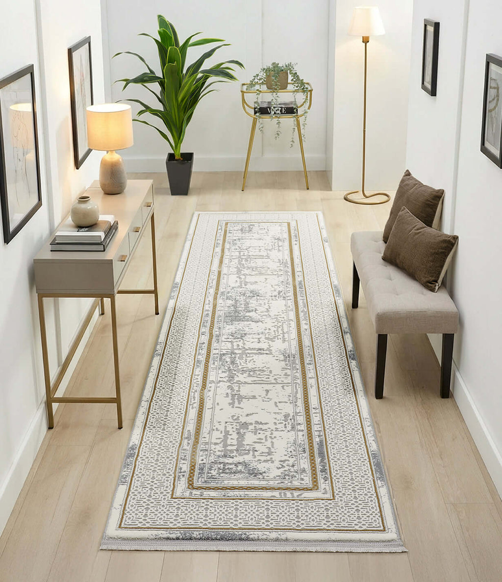 Kervan Rug AK076 Grey Gold Hallway Runner, Kervan Rug AK076 Grey Gold Hallway Runner for Elegant Spaces