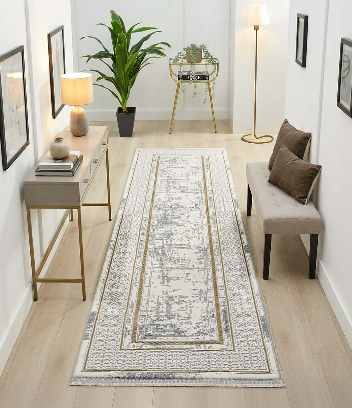 Kervan Rug AK076 Grey Gold Hallway Runner, Kervan Rug AK076 Grey Gold Hallway Runner for Elegant Spaces
