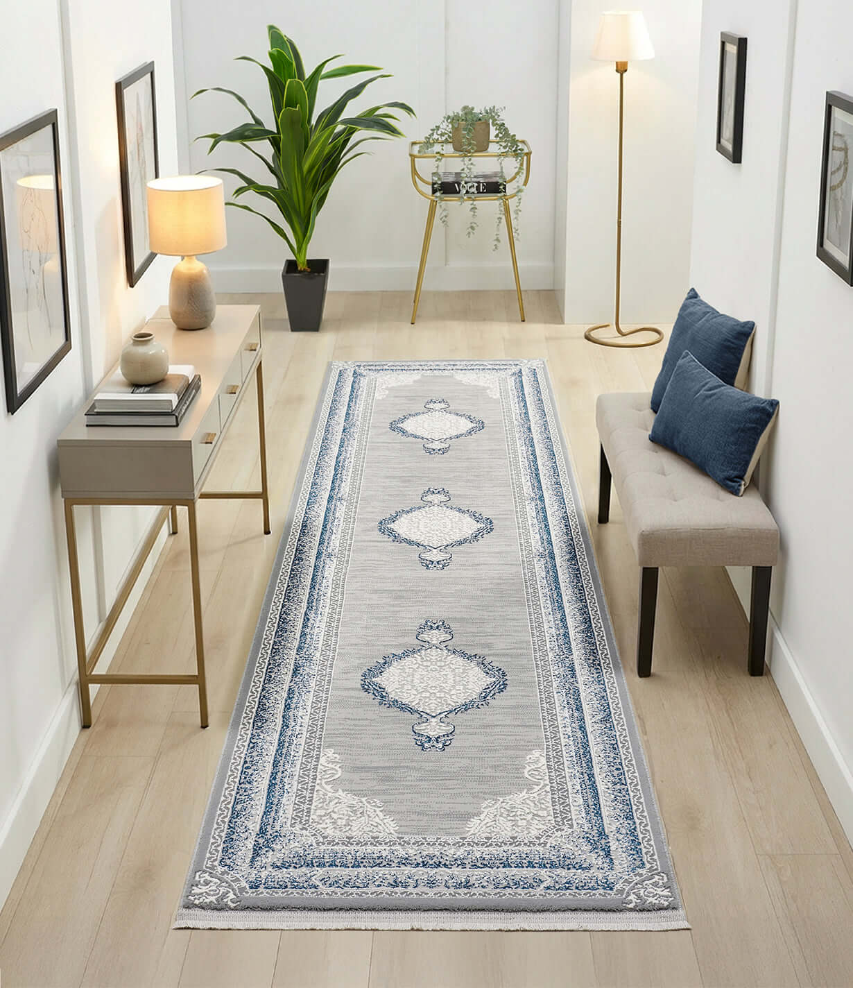 Kervan Rug AK187 Grey Blue Hallway Runner, Kervan Rug AK187 Grey Blue Hallway Runner - Style Your Home