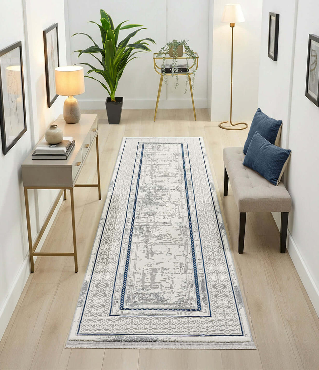 Kervan Rug AK076 Grey Blue Hallway Runner, Kervan Rug - Grey Blue Hallway Runner for Stylish Decor