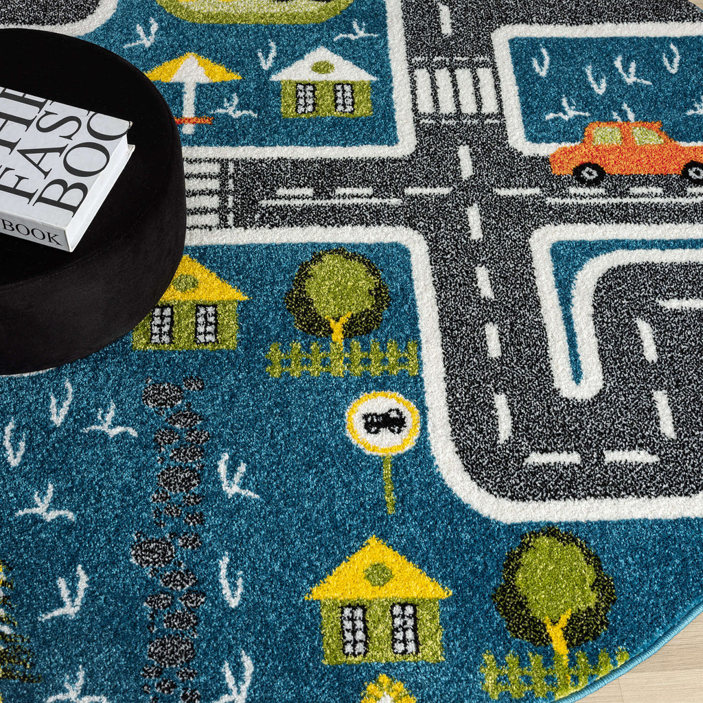 Kidsville 574 Blue Round Rug