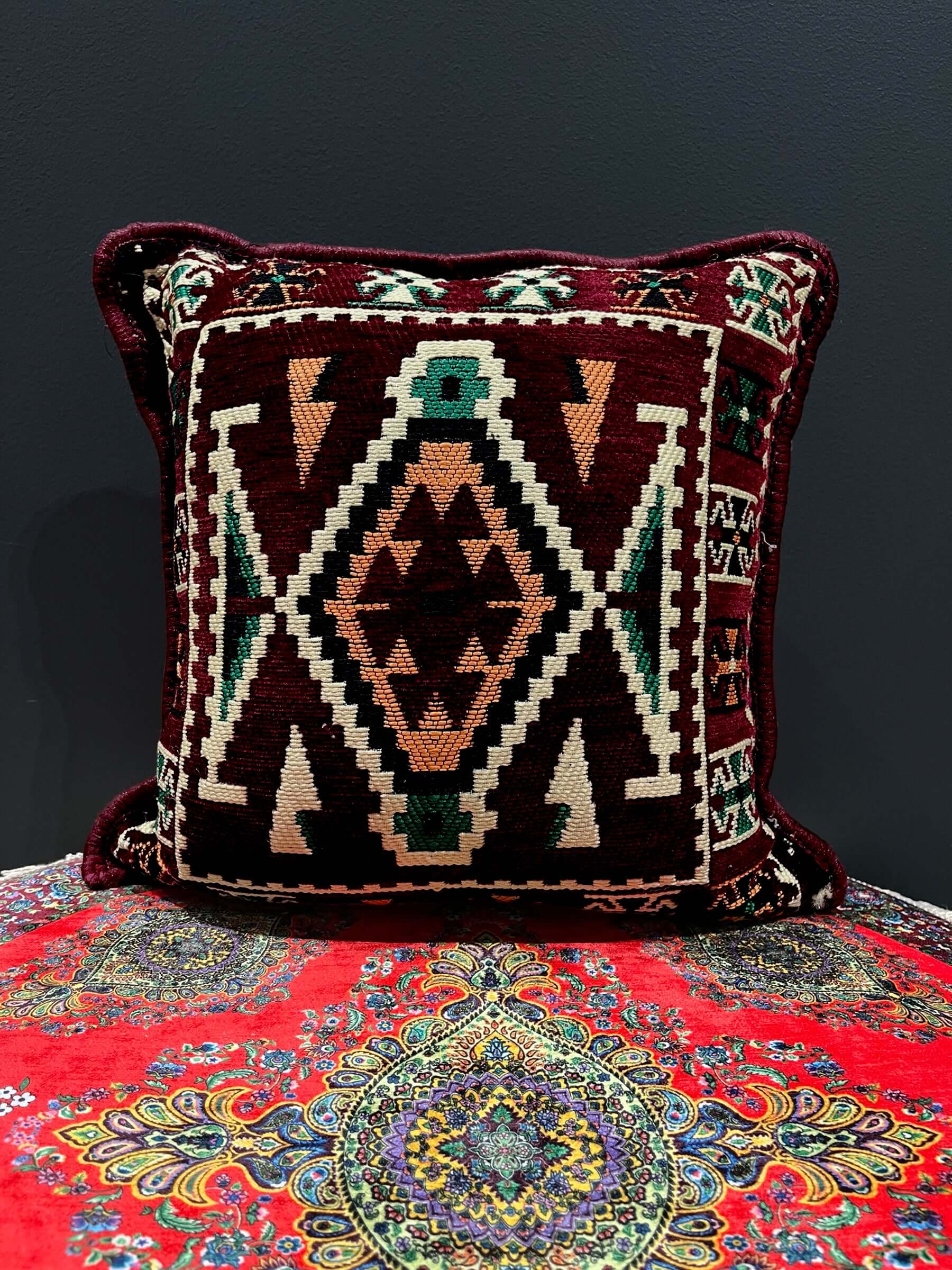 Kilim Cushion (Dark Red)-Elevate your living spaces with our washable cotton Kilim Cushion, a harmonious fusion of authentic traditional kilim design, cozy comfort, and easy maintenance, adding timeless charm and cultural elegance to any room. 40x40-Bazaa
