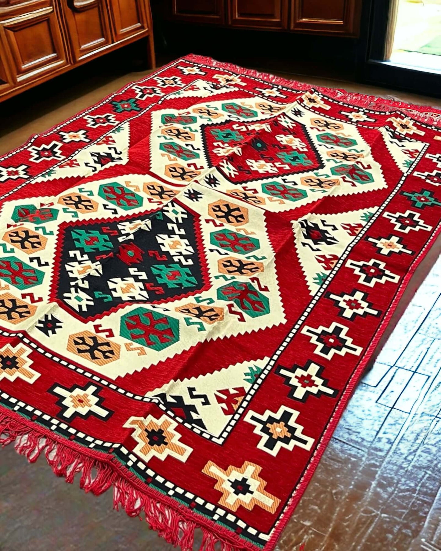 Turkish Kilim Rugs- Perfect match for your divan set and floor cushions. Crafted from 100% cotton in Turkey, this rug seamlessly complements your living space with its captivating geometric pattern and practical design. Matching rugs for Arabian Majlis