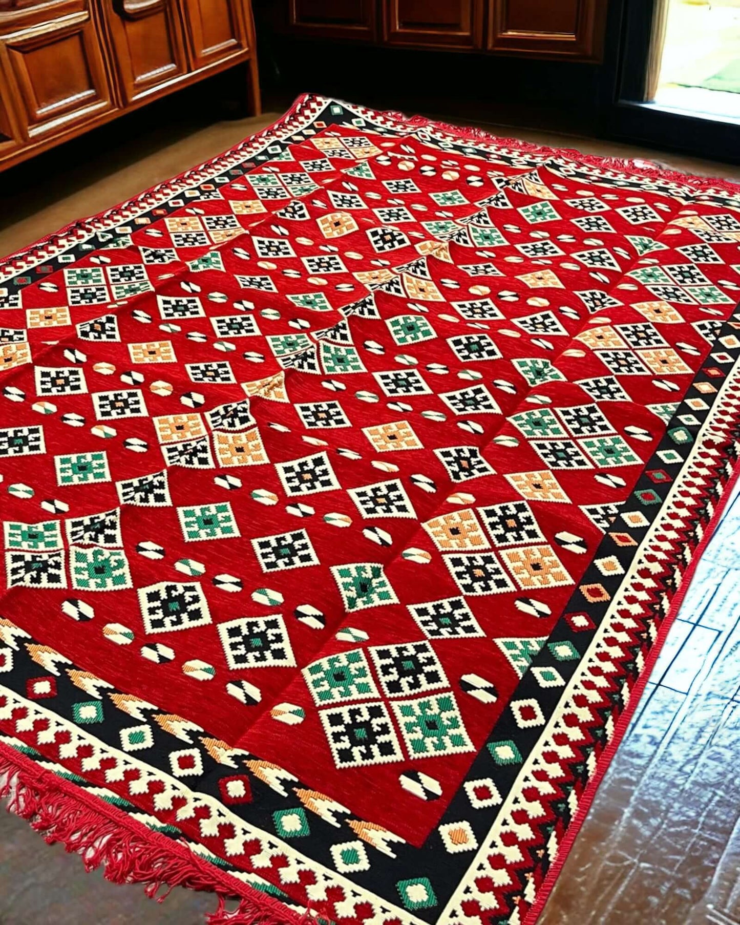 Turkish Kilim Rugs- Perfect match for your divan set and floor cushions. Crafted from 100% cotton in Turkey, this rug seamlessly complements your living space with its captivating geometric pattern and practical design. Matching rugs for Arabian Majlis