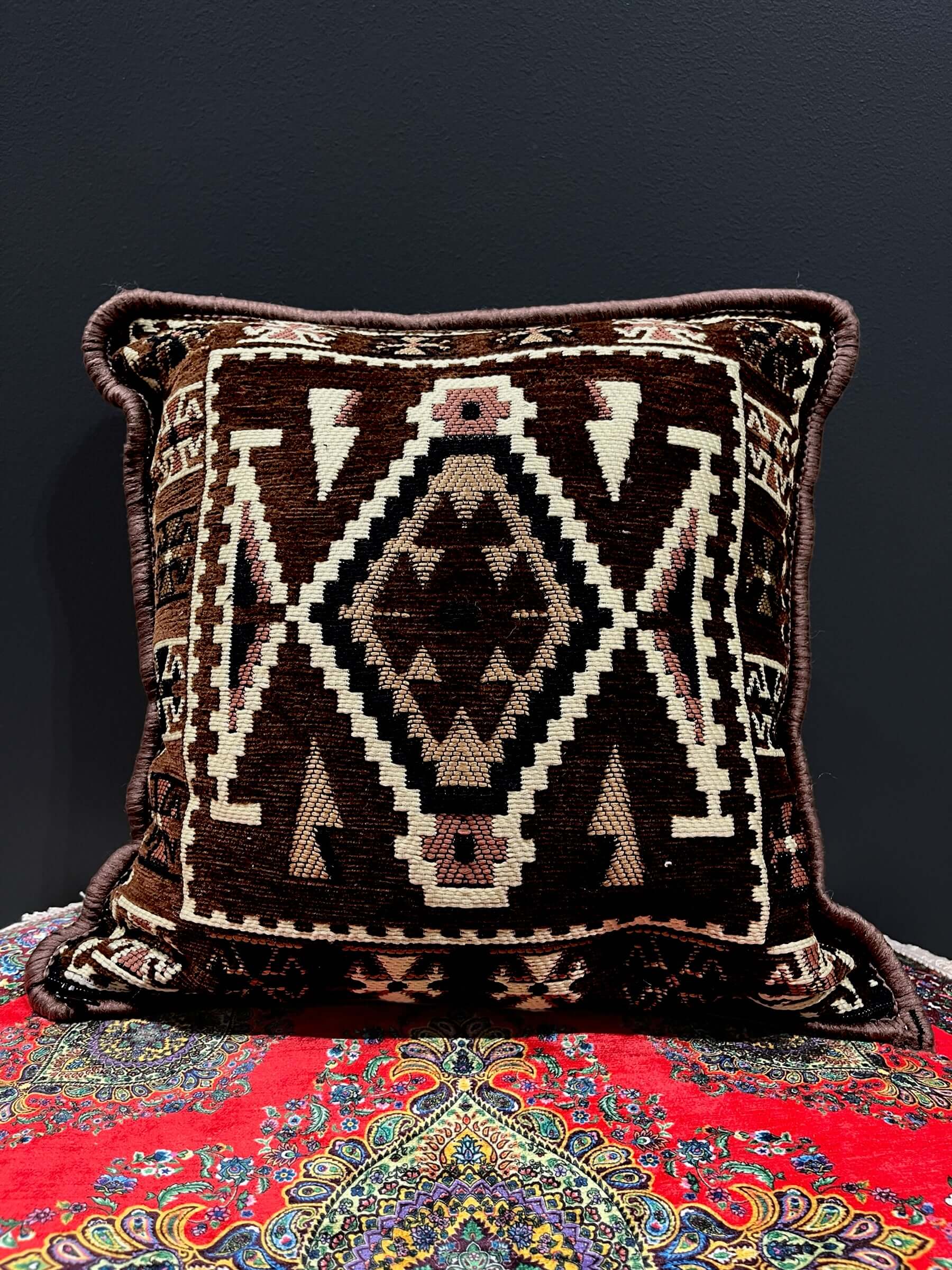 Elevate your living spaces with our washable cotton Kilim Cushion, a harmonious fusion of authentic traditional kilim design, cozy comfort, and easy maintenance, adding timeless charm and cultural elegance to any room. 40x40Bazaar G Rugs N Gifts