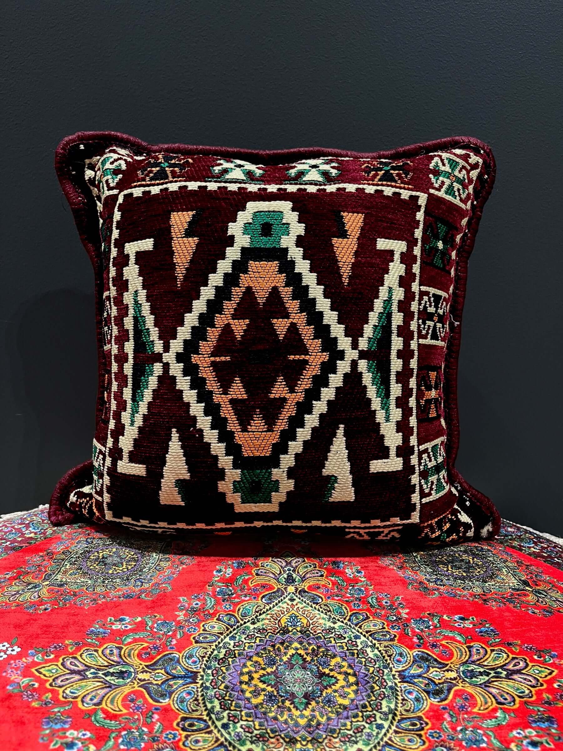 Elevate your living spaces with our washable cotton Kilim Cushion, a harmonious fusion of authentic traditional kilim design, cozy comfort, and easy maintenance, adding timeless charm and cultural elegance to any room. 40x40Bazaar G Rugs N Gifts