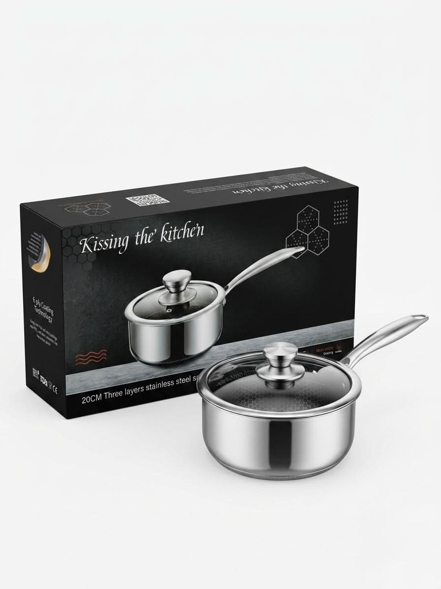 Kissing the Kitchen 20cm Hybrid Honeycomb Non-Stick Stainless Steel Saucepan with Glass Lid