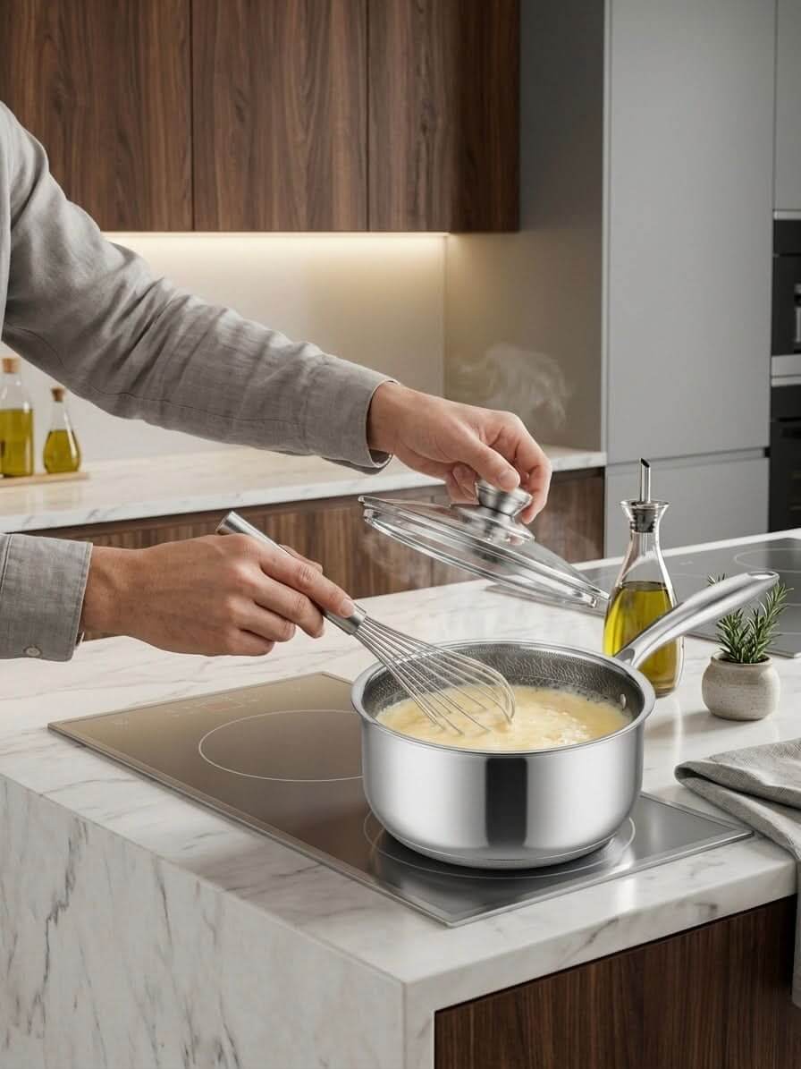 Kissing the Kitchen 20cm Hybrid Honeycomb Non-Stick Stainless Steel Saucepan with Glass Lid