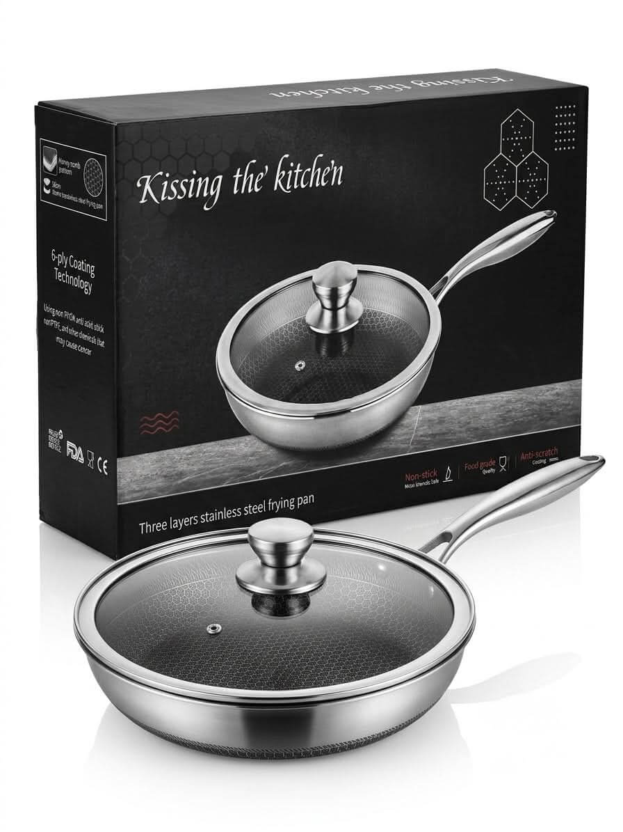 Kissing the Kitchen 6-Ply Non-Stick Stainless Steel Frying Pan with Glass Lid (26cm)