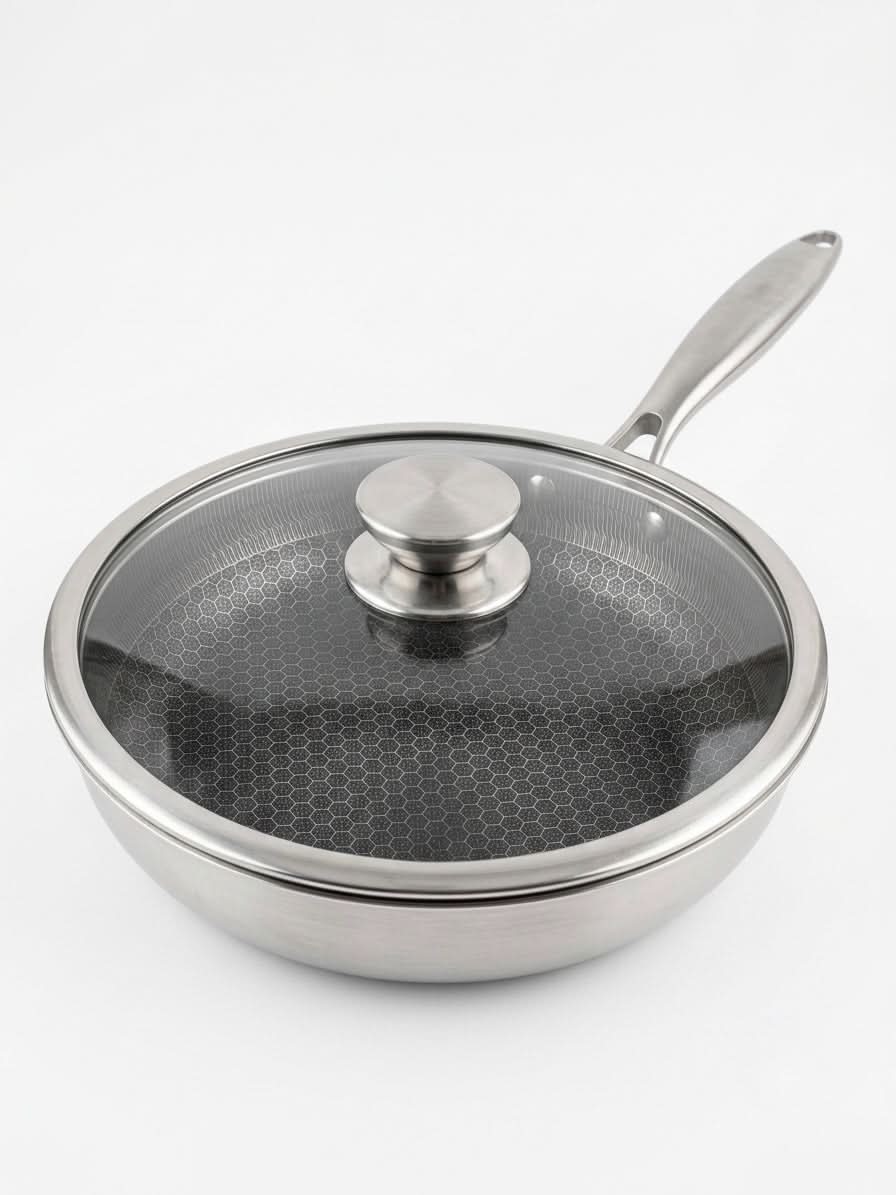 Kissing the Kitchen 6-Ply Non-Stick Stainless Steel Frying Pan with Glass Lid (26cm)