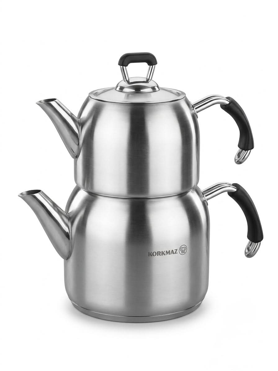 Korkmaz A-1637 premium stainless steel double kettle and tea pot with elegant design and dual-tier feature.