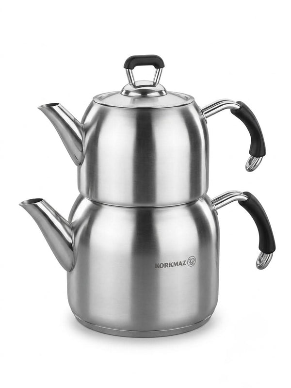 Korkmaz A-1637 premium stainless steel double kettle and tea pot with elegant design and dual-tier feature.
