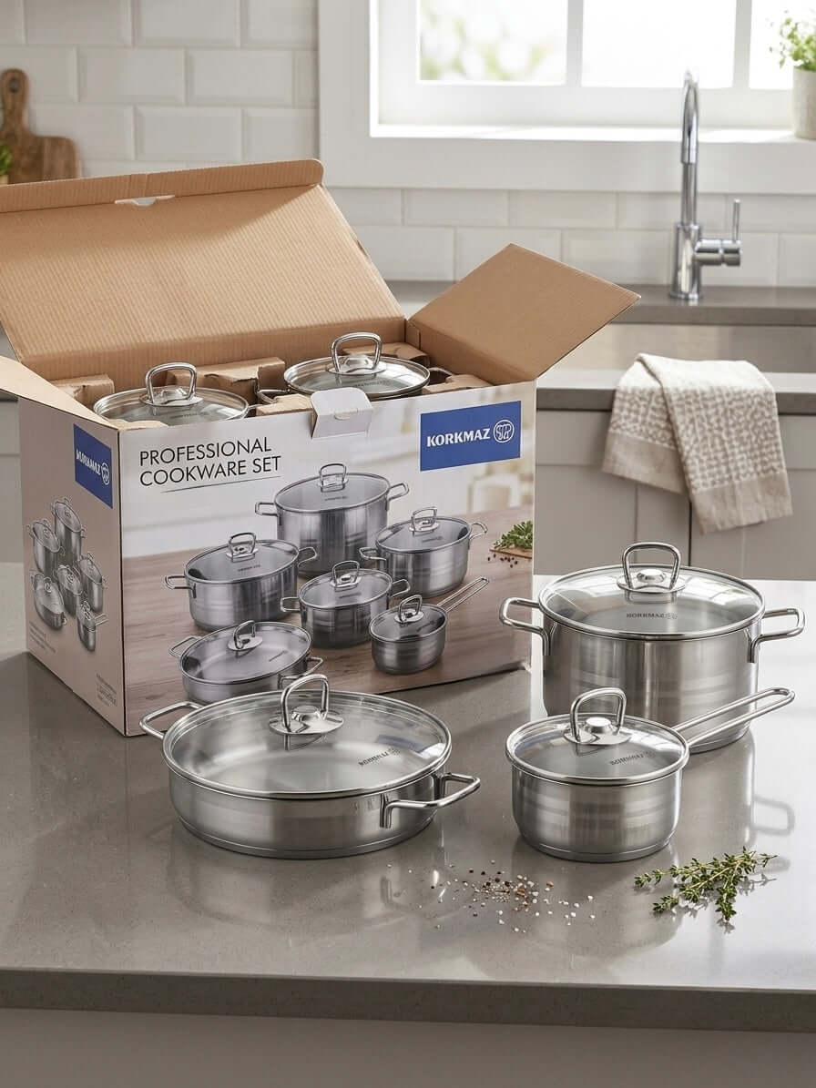 Korkmaz Astra Premium 18/10 stainless steel cookware set in a box displayed on a kitchen counter.
