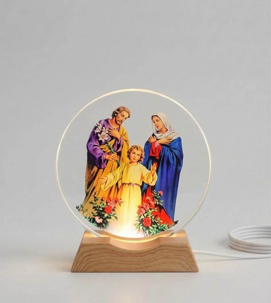 LED Holy Family Acrylic Lamp showcasing Jesus with Mary and Joseph in a gentle glow, perfect for home decor.