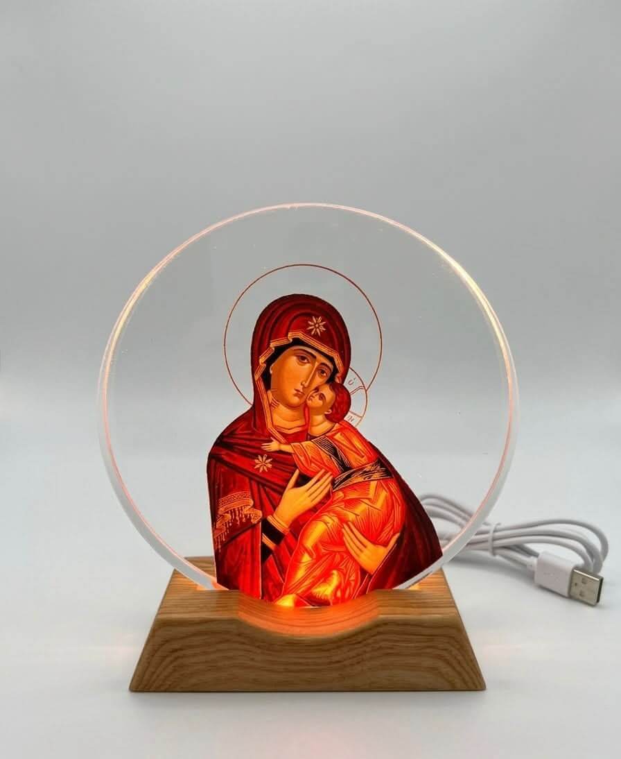 LED Madonna and Child Acrylic Lamp - Religious decorative night light with Mother Mary and baby Jesus design.