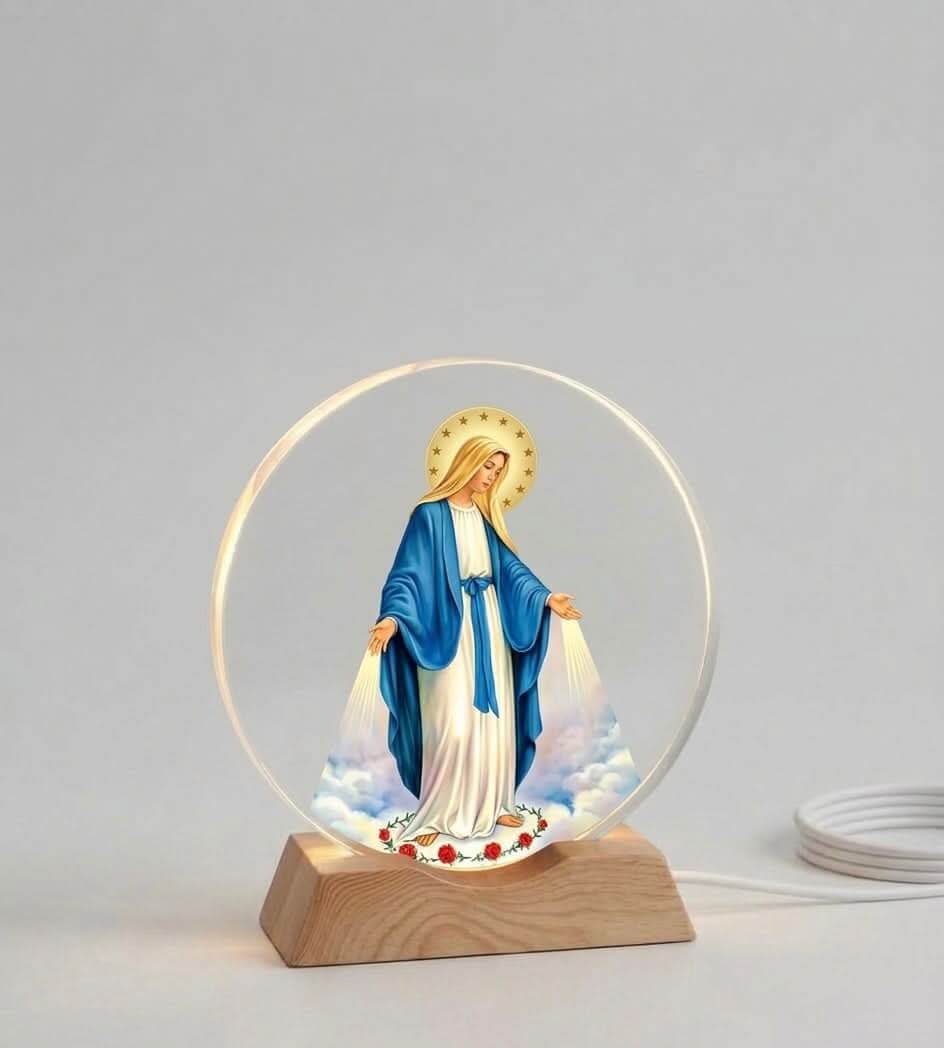 LED Virgin Mary Acrylic Night Lamp illuminating a serene illustration of the Blessed Virgin Mary.