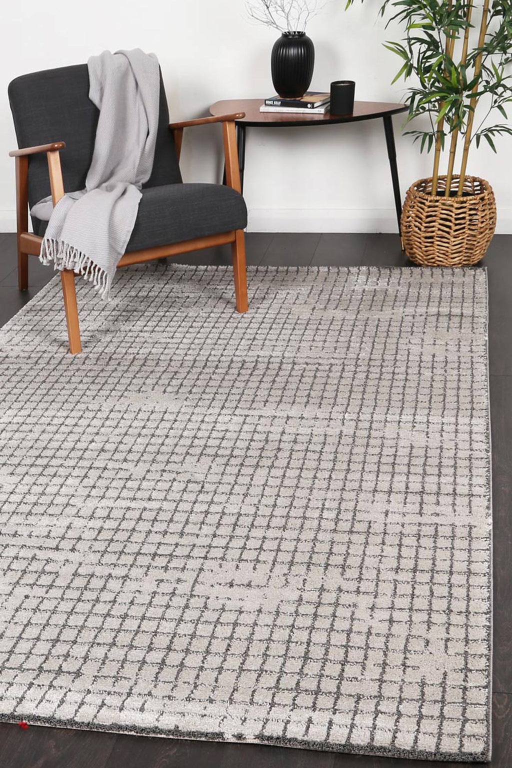 Legend Bacchus Geometric Grey Rug - 4GREY styled with furniture