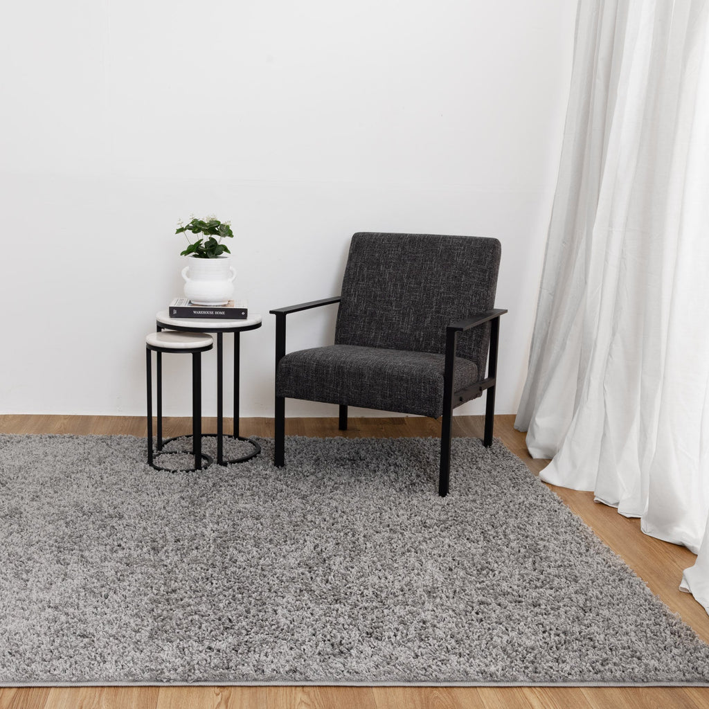 Florence Light Grey Shaggy Rug styled with furniture
