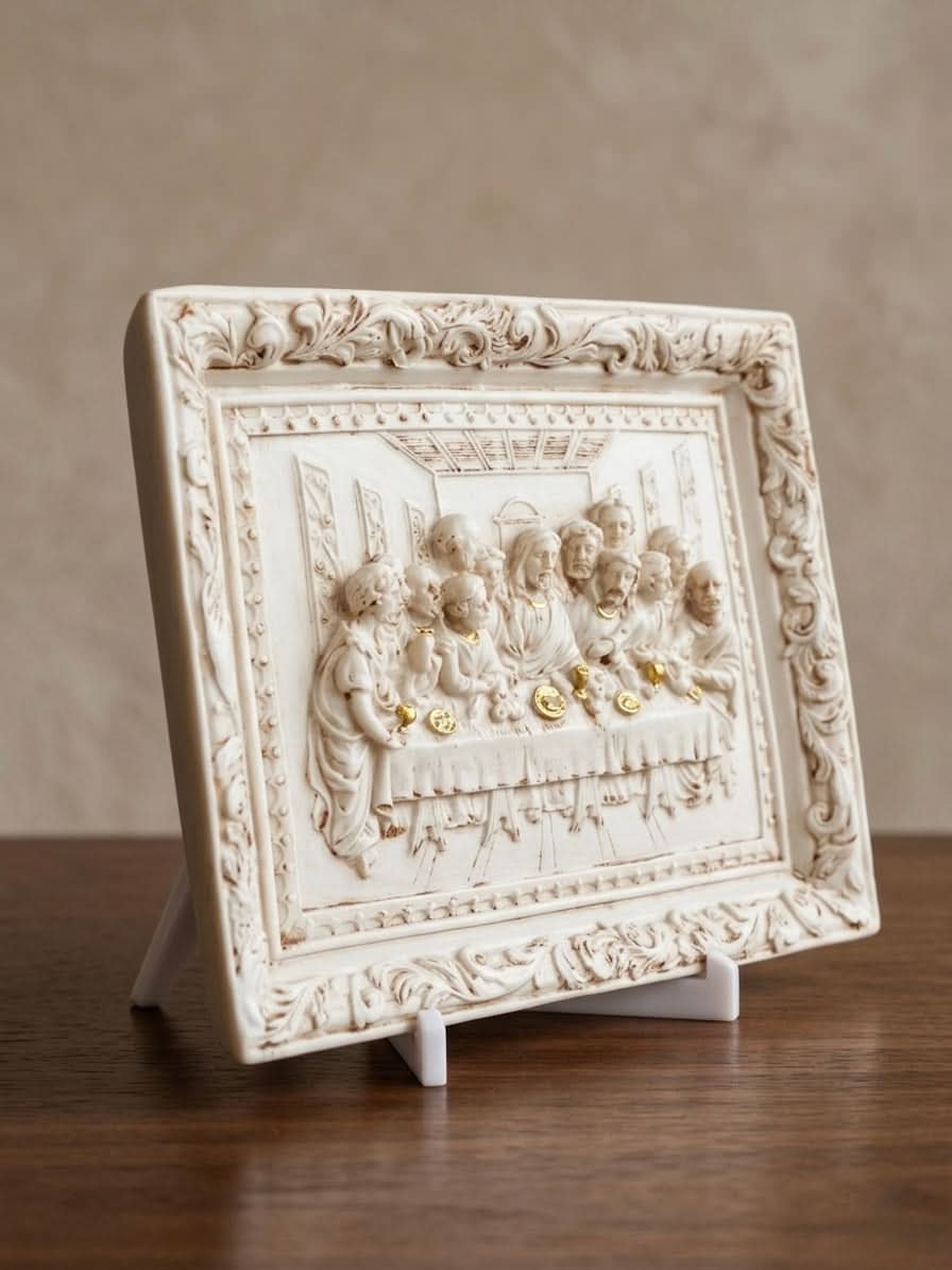 Last Supper Frame Decor 17x14cm showing detailed carving of the Last Supper scene in a framed design.