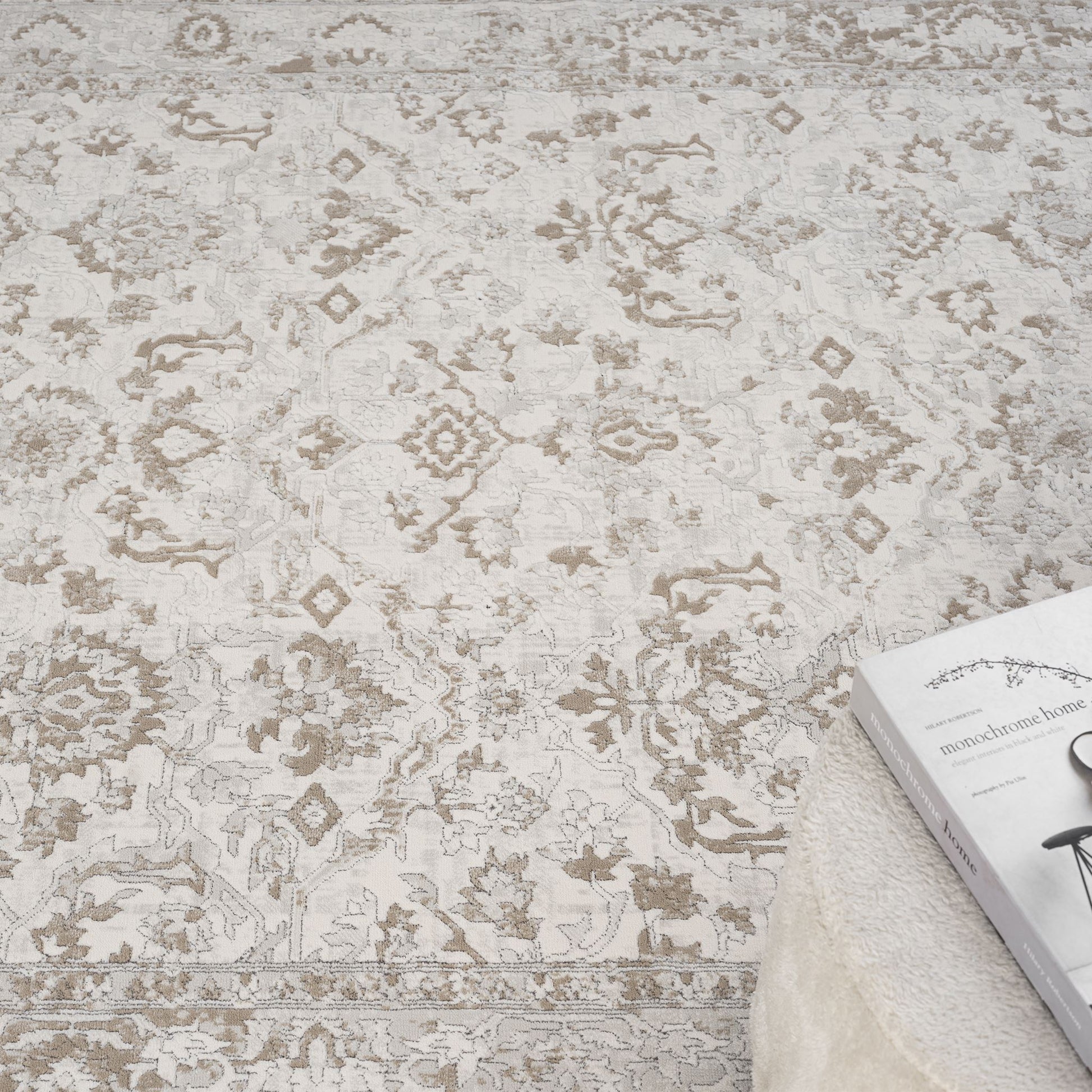 Cream Area Rug with plush, non-shed pile and all-side binding. Power-loomed in Türkiye for durable, easy-care elegance in modern living spaces