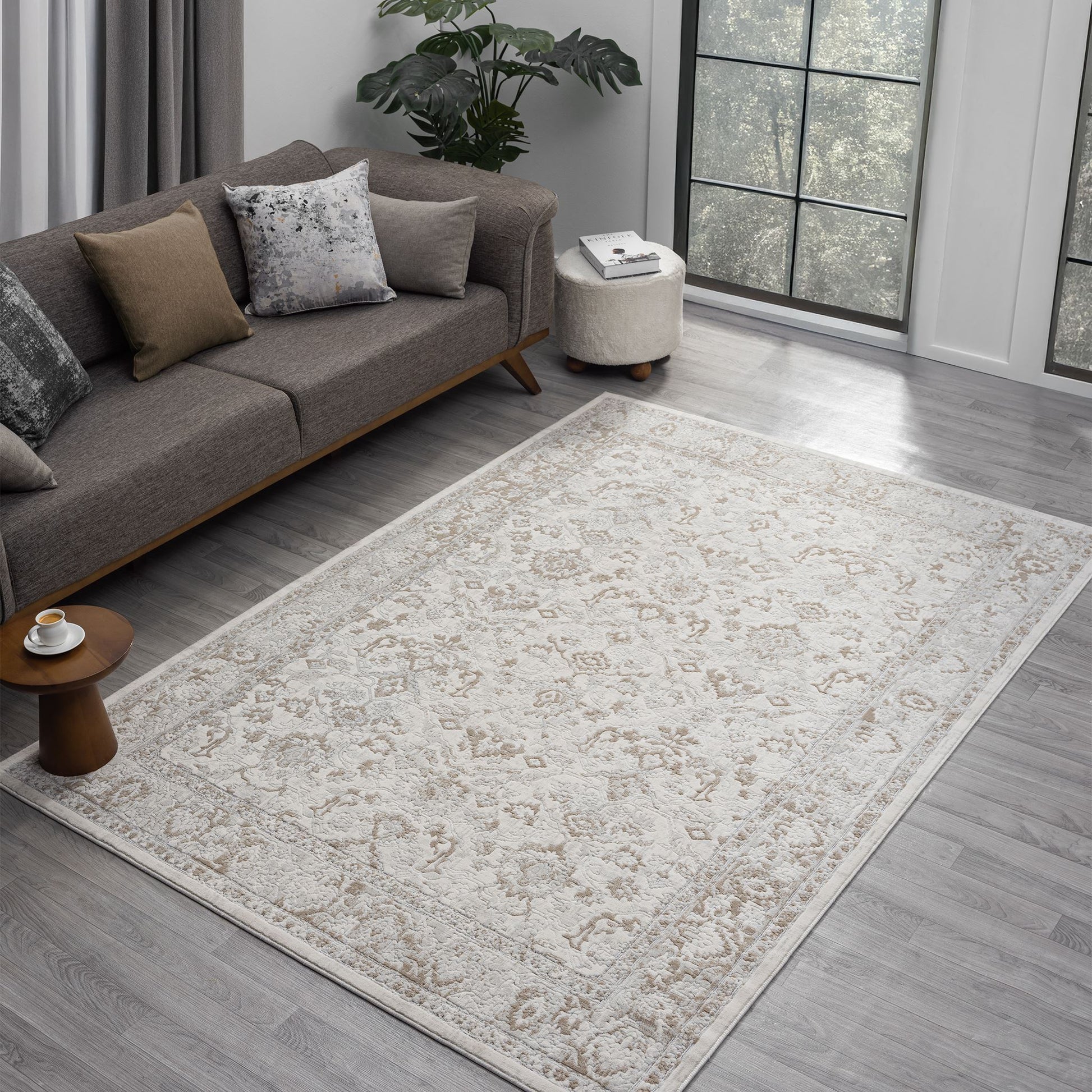 Cream Area Rug with plush, non-shed pile and all-side binding. Power-loomed in Türkiye for durable, easy-care elegance in modern living spaces