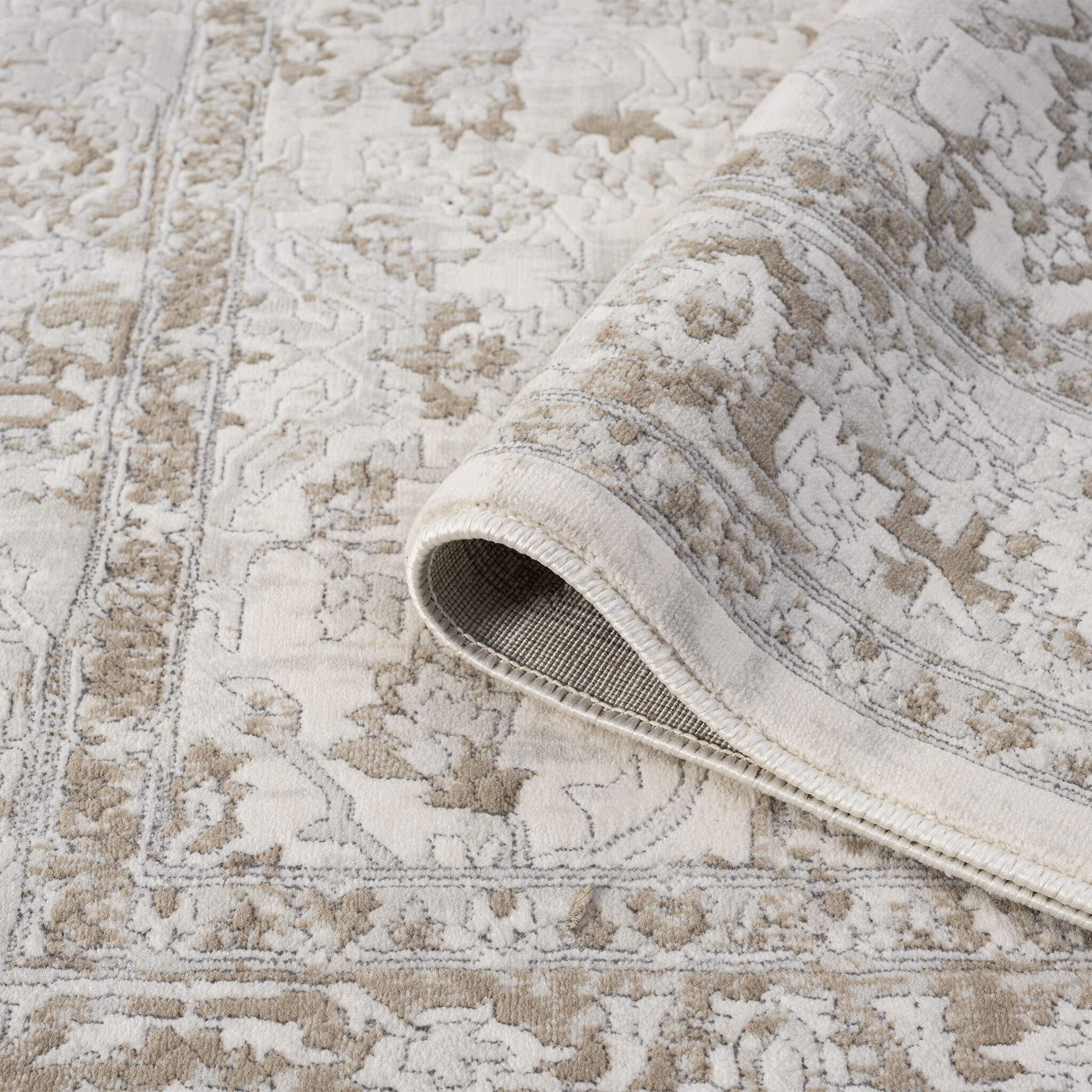 Cream Area Rug with plush, non-shed pile and all-side binding. Power-loomed in Türkiye for durable, easy-care elegance in modern living spaces
