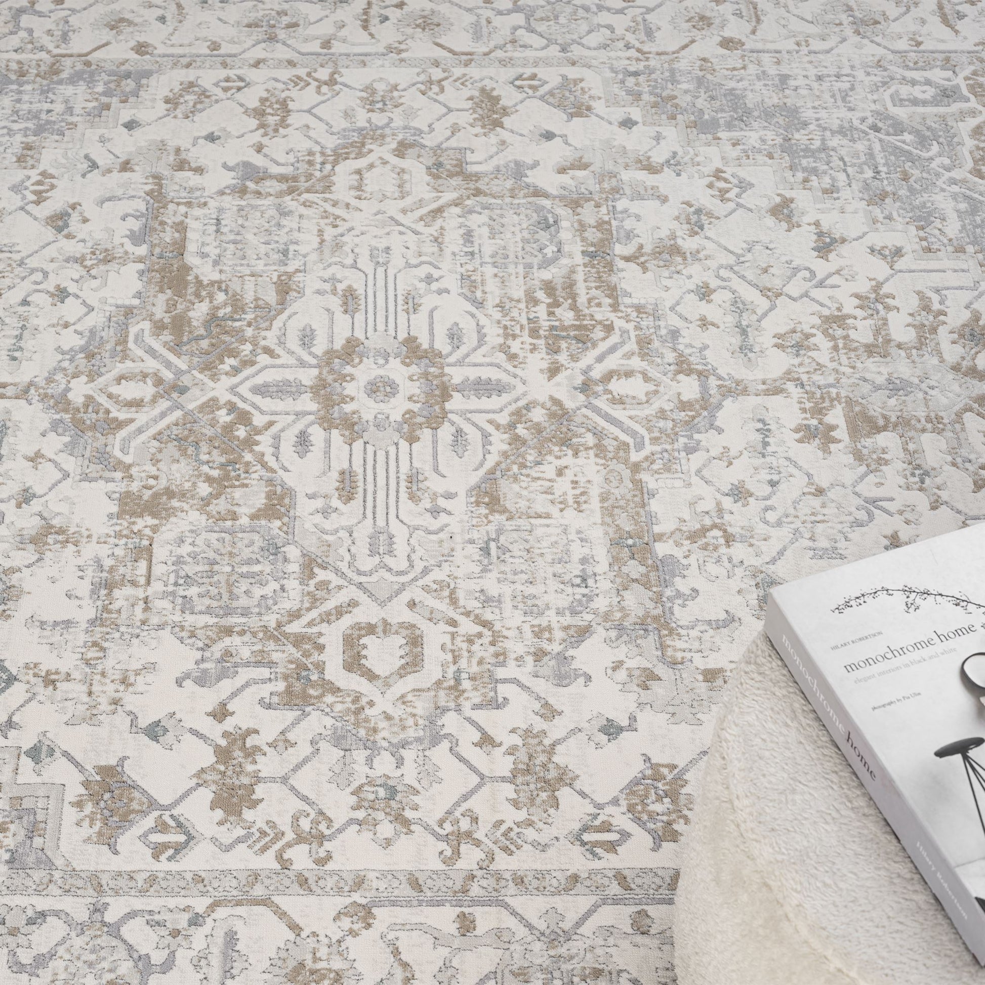 Cream Area Rug with plush, non-shed pile and all-side binding. Power-loomed in Türkiye for durable, easy-care elegance in living rooms and bedrooms.