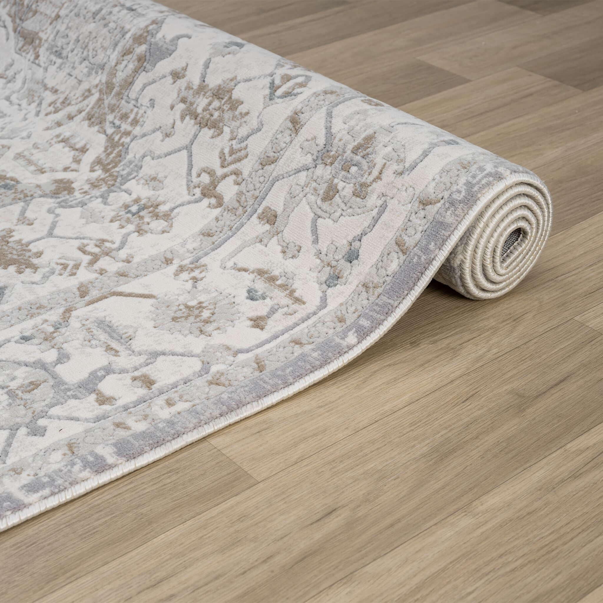 Cream Area Rug with plush, non-shed pile and all-side binding. Power-loomed in Türkiye for durable, easy-care elegance in living rooms and bedrooms.