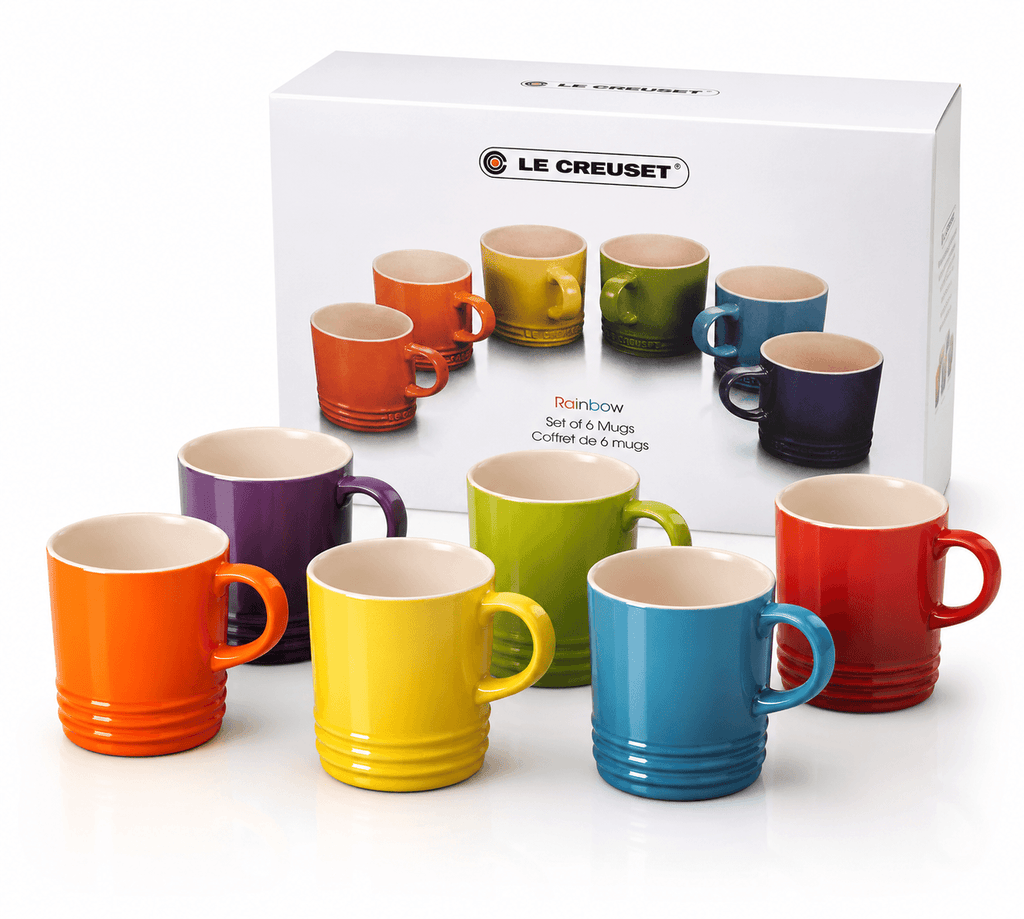 Le Creuset rainbow ceramic mug set with 6 colorful ceramic coffee mugs in vibrant hues.