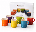 Le Creuset rainbow ceramic mug set with 6 colorful ceramic coffee mugs in vibrant hues.