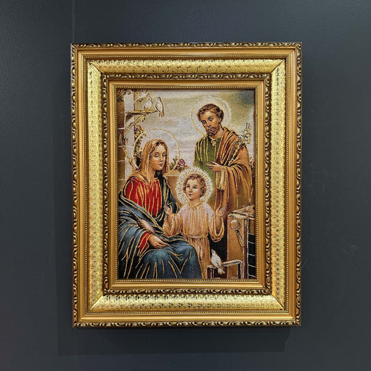 Luxurious Tapestry of ''Holy Family''-Enhance your home with this beautifully framed Holy Family Icon tapestry. Featuring intricate craftsmanship and a luxurious gold frame, this timeless piece brings elegance, spirituality, and cultural heritage to any s