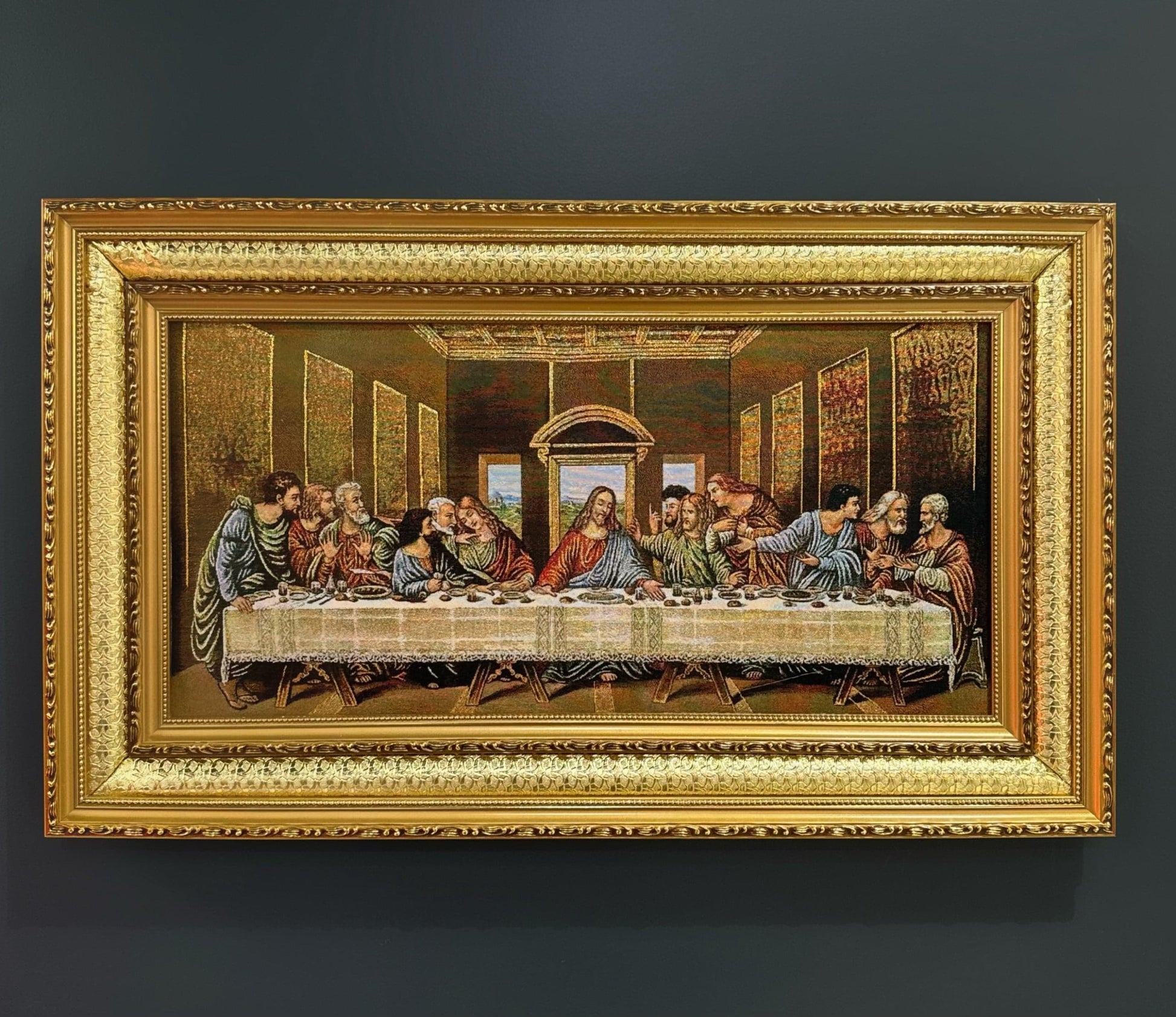 Luxurious Tapestry of “The Last Supper”-Enhance your home with our luxurious "The Last Supper" woven tapestry, framed in an ornate gold design. This masterpiece captures intricate details of the iconic scene, bringing timeless elegance and spiritual refle