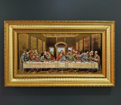 Luxurious Tapestry of “The Last Supper”-Enhance your home with our luxurious "The Last Supper" woven tapestry, framed in an ornate gold design. This masterpiece captures intricate details of the iconic scene, bringing timeless elegance and spiritual refle