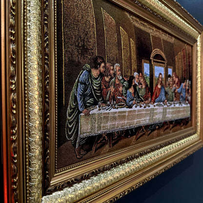 Luxurious Tapestry of “The Last Supper”-Enhance your home with our luxurious "The Last Supper" woven tapestry, framed in an ornate gold design. This masterpiece captures intricate details of the iconic scene, bringing timeless elegance and spiritual refle